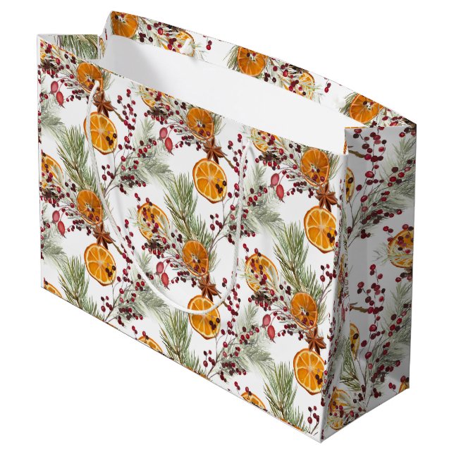 Trendy Citrus Orange Pine Berry Christmas Holiday Large Gift Bag (Back Angled)