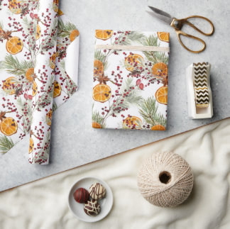 Trendy Citrus Orange Pine Berry Christmas Holiday Wrapping Paper