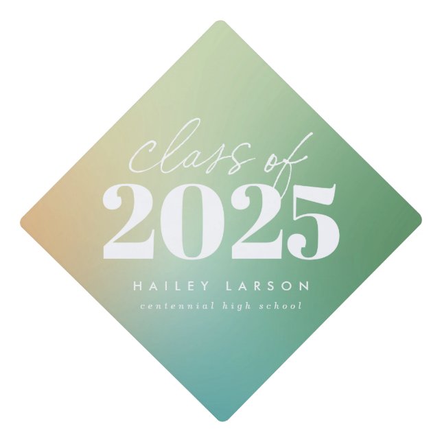 Trendy Class of 2024 Green Gradient Calligraphy Graduation Cap Topper (Front)