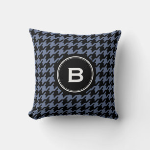Trendy Classic blue grey houndstooth with monogram Throw Pillow