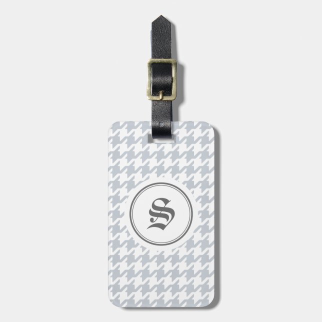 Trendy classic grey houndstooth with monogram luggage tag (Front Vertical)