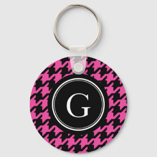 Trendy Classic pink houndstooth with monogram Keychain