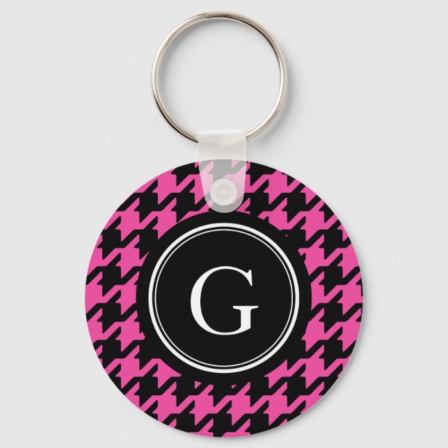 Trendy Classic pink houndstooth with monogram Keychain (Front)