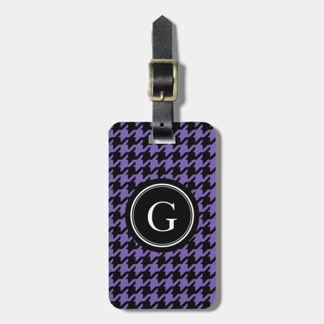 Trendy Classic purple houndstooth with monogram Luggage Tag (Front Vertical)