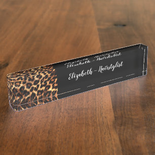 Trendy Classy Hairstylist Monogram Leopard Nameplate