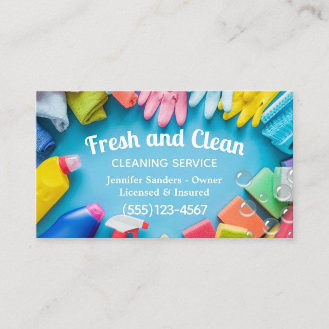 Trendy Cleaning Supplies Housekeeping Service Business Card (Front)
