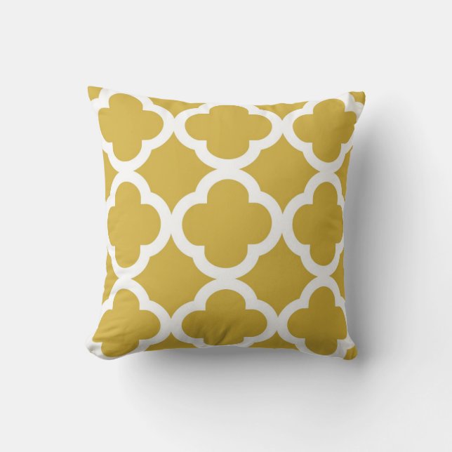 Trendy Clover Pattern in Mustard and White Throw Pillow (Front)