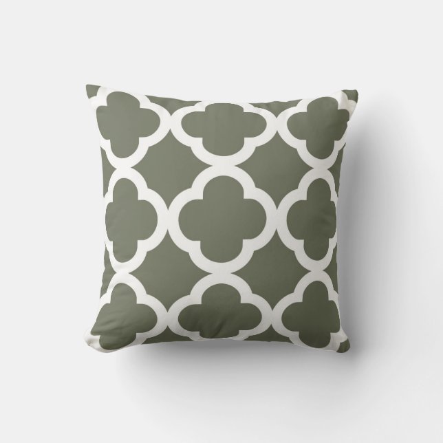 Trendy Clover Pattern in Olive Green and White Throw Pillow (Front)
