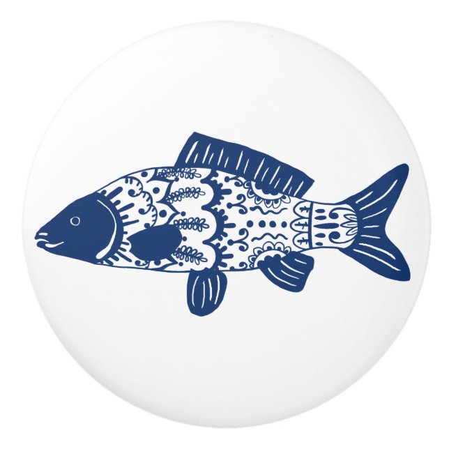 Trendy Coastal Navy Blue Floral Patterned Fish Ceramic Knob (Front)