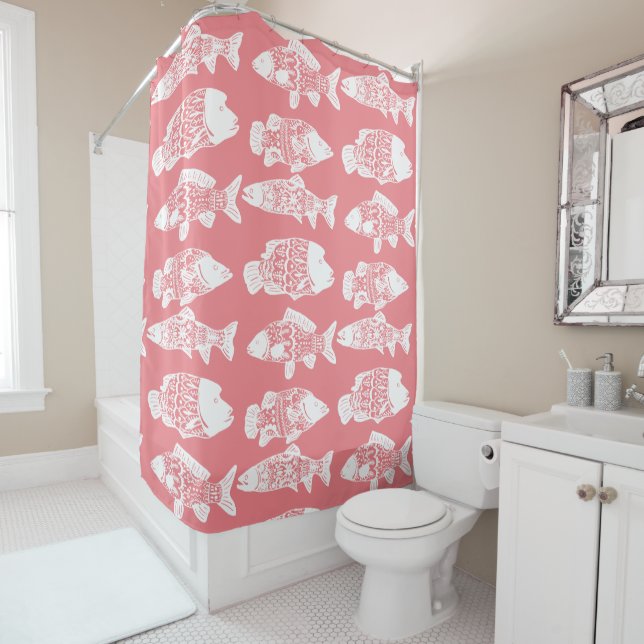Trendy Coastal White Floral Fish Coral Pink (In Situ)