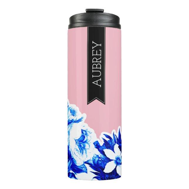 Trendy Cobalt & Blush Florals Personalized Thermal Tumbler (Front)
