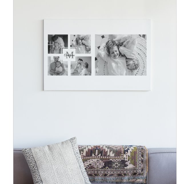 Trendy Collage Family Photo Black & White Initial Canvas Print (Creator Uploaded)