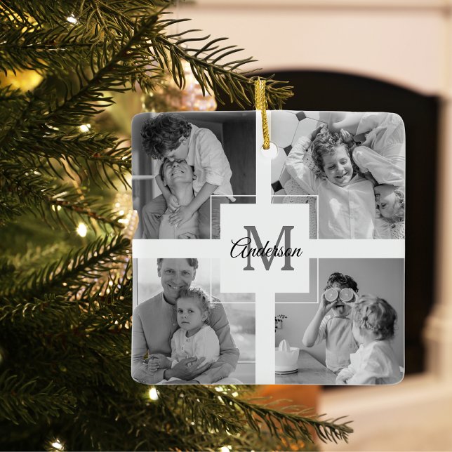 Trendy Collage Family Photo Black & White Initial Ceramic Ornament (Creator Uploaded)