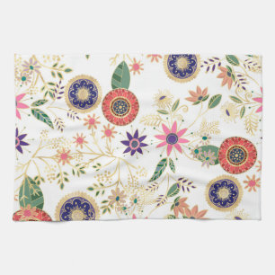 Trendy Colorful Folk Floral Original Golden Design Kitchen Towel