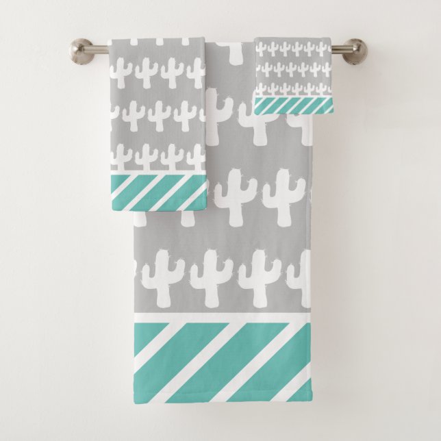 Trendy Colorful Geo Cactus Pattern Gray Bath Towel Set (Insitu)
