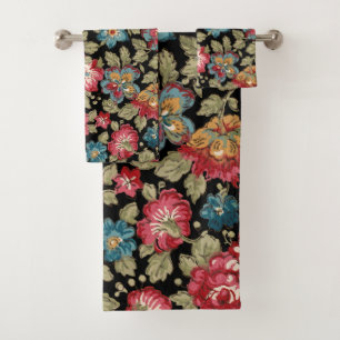 Trendy Colourful Boho Floral-Black Background Bath Towel Set