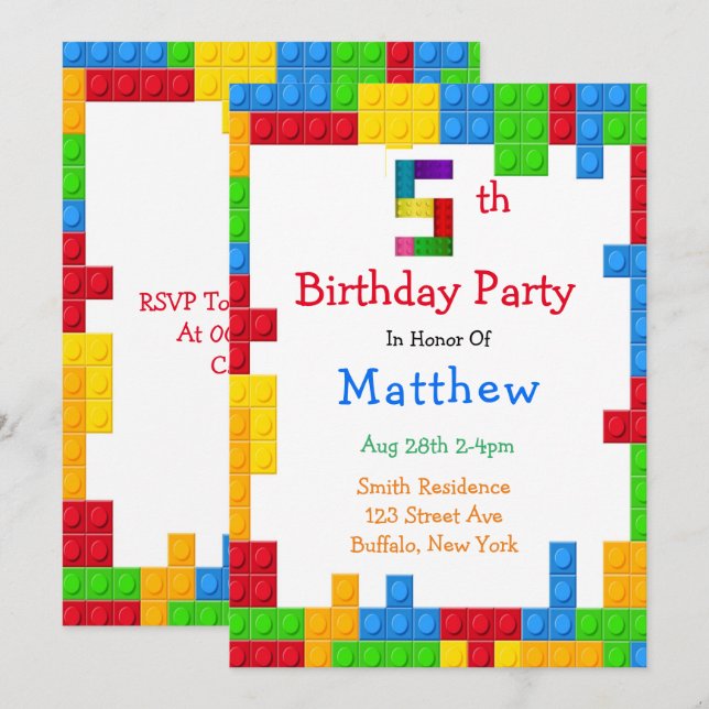 Trendy Colourful Building Blocks 5th Birthday Part Invitation (Front/Back)