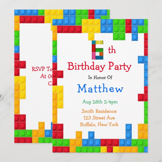 Trendy Colourful Building Blocks 6th Birthday Part Invitation (Front/Back)