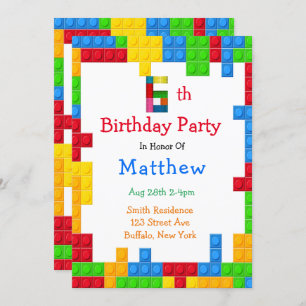 Trendy Colourful Building Blocks 6th Birthday Part Invitation