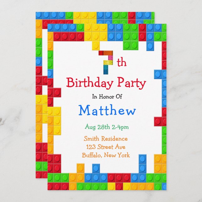 Trendy Colourful Building Blocks 7th Birthday Part Invitation (Front/Back)