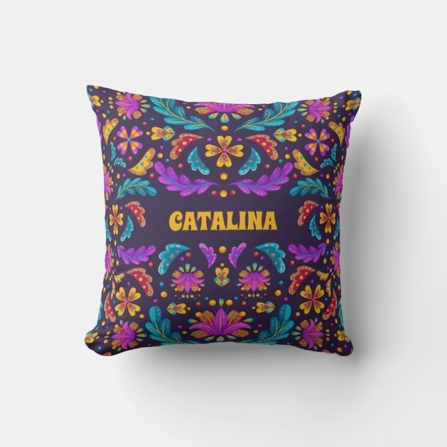 Trendy Colourful Fiesta Mexican Flower Quinceanera Throw Pillow (Front)
