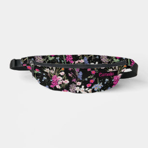 Trendy Colourful Floral Pattern Black Custom Name Fanny Pack