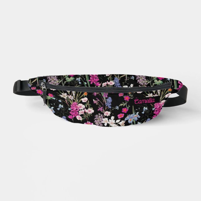 Trendy Colourful Floral Pattern Black Custom Name Fanny Pack (Front)