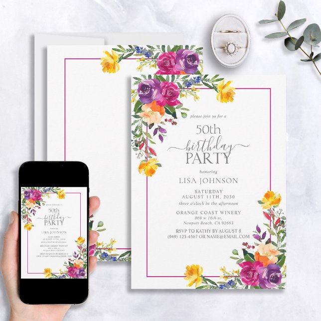 Trendy Colourful Floral Typography 50th Birthday Invitation (Creator Uploaded)