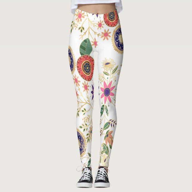 Trendy Colourful Folk Floral Original Golden Desig Leggings (Front)