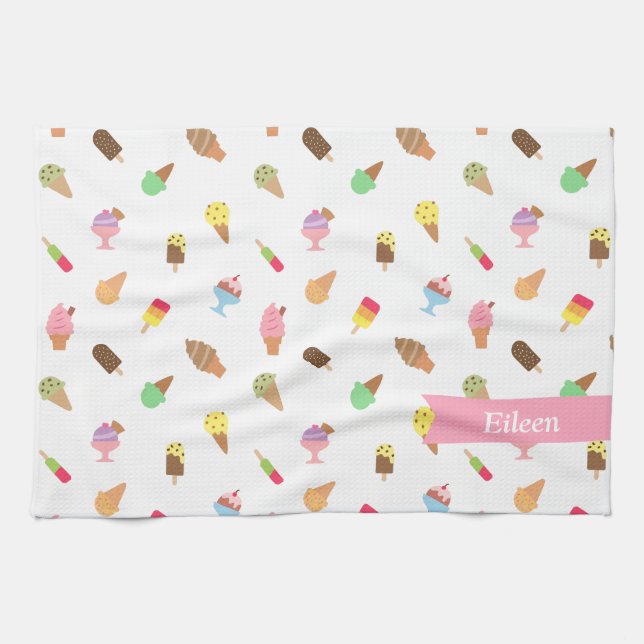 Trendy Colourful Ice Cream Pattern Personalized Kitchen Towel (Horizontal)