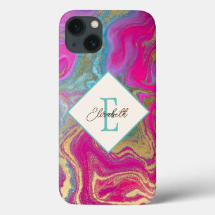 Trendy Colourful Marble, Monogram iPhone 13 Case