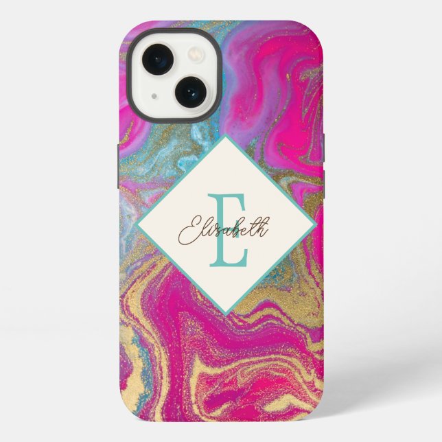 Trendy Colourful Marble, Monogram iPhone Case (Back)