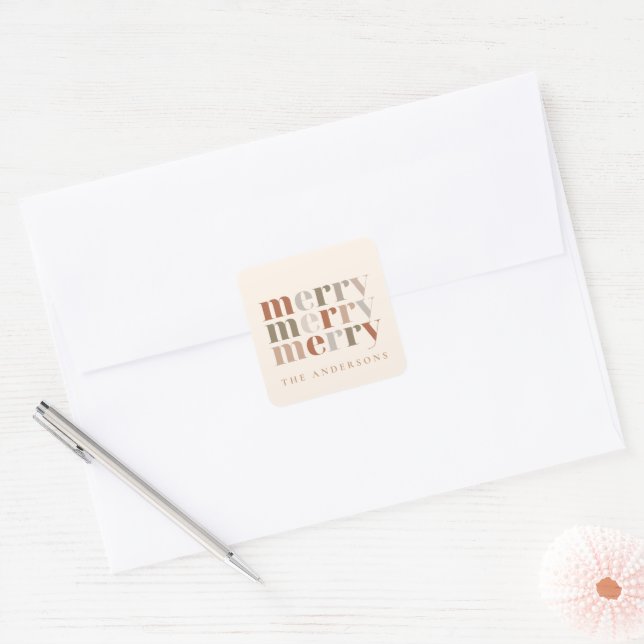 Trendy Colourful Merry  Custom Name Christmas  Square Sticker (Envelope)