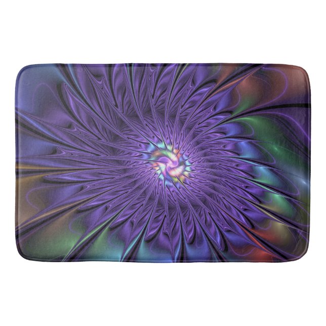 Trendy Colourful Modern Abstract Fractal Flower Bath Mat (Front)