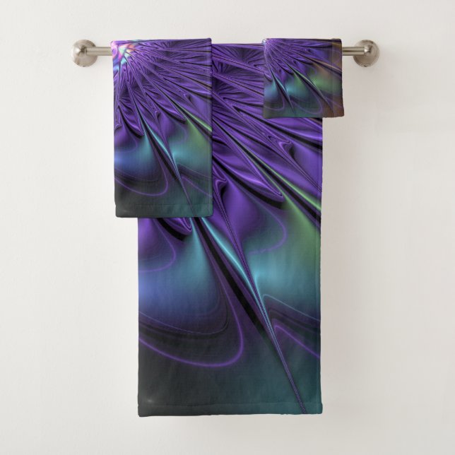 Trendy Colourful Modern Abstract Fractal Flower Bath Towel Set (Insitu)