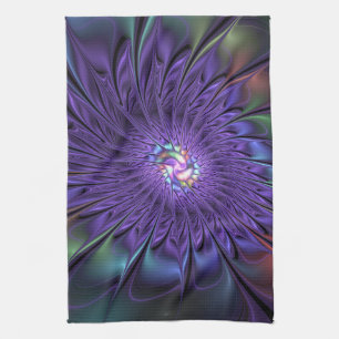 Trendy Colourful Modern Abstract Fractal Flower Kitchen Towel