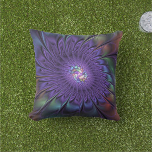Trendy Colourful Modern Abstract Fractal Flower Outdoor Pillow
