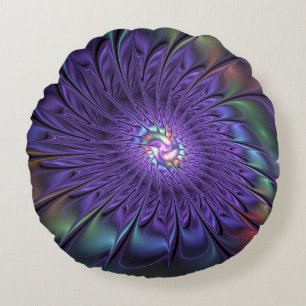 Trendy Colourful Modern Abstract Fractal Flower Round Pillow