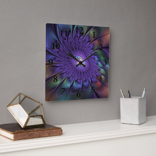 Trendy Colourful Modern Abstract Fractal Flower Square Wall Clock