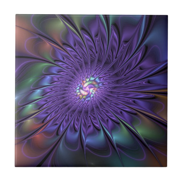 Trendy Colourful Modern Abstract Fractal Flower Tile (Front)