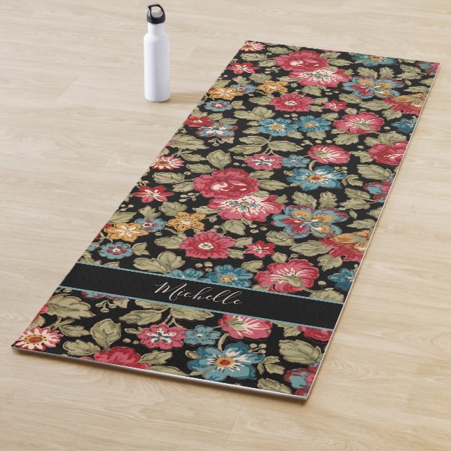 Trendy Colourful Personalized Boho Floral-Black BG Yoga Mat (In Situ)