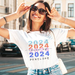 Trendy Colourful Rainbow Class 2023 Modern Graduat T-Shirt<br><div class="desc">Modern and stylish grad class of 2023 t-shirt. Design features "2023" repeating design in colourful rainbow colours. Personalize with graduate year and grad's name. A fun gift for the grad. Design by Moodthology Papery.</div>