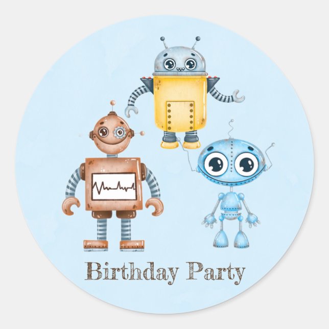 Trendy Colourful Robots Boy Birthday Party Classic Round Sticker (Front)