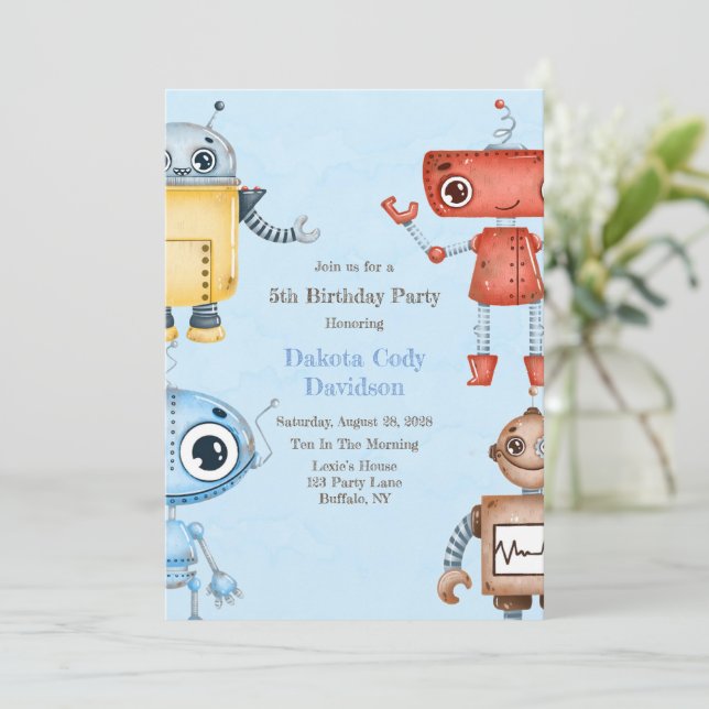 Trendy Colourful Robots Boy Birthday Party Invitat Invitation (Standing Front)