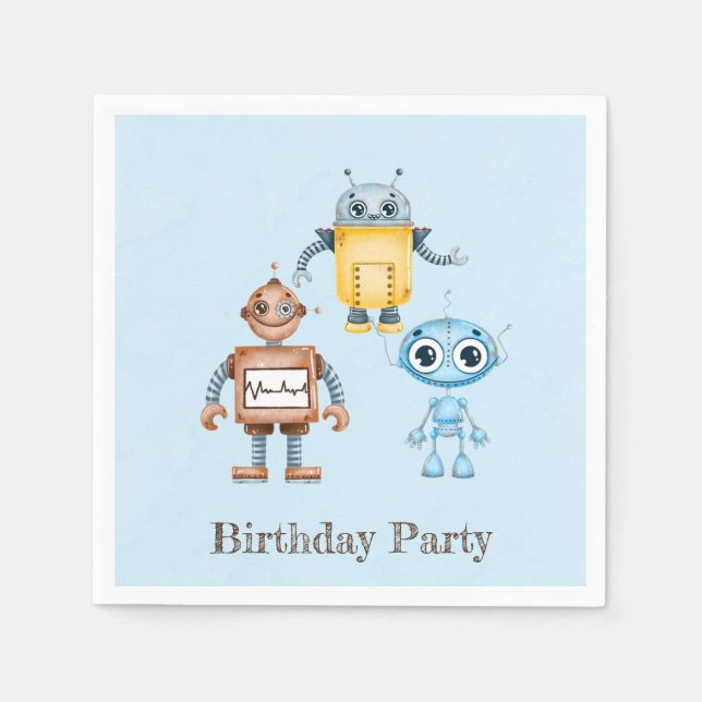 Trendy Colourful Robots Boy Birthday Party Napkin (Front)