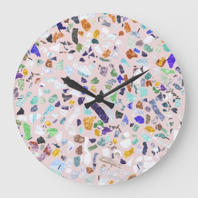 Trendy Colourful Shiny Stones Terrazzo Pink Design Large Clock (Front)