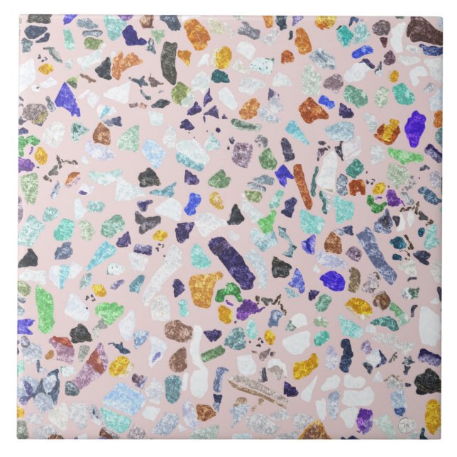 Trendy Colourful Shiny Stones Terrazzo Pink Design Tile (Front)
