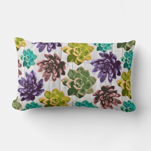 Trendy Colourful Succulents & White Wood Planks Lumbar Pillow (Front)