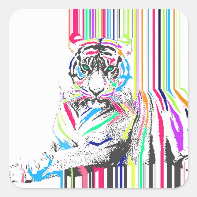 trendy colourful vibrant neon stripes tiger paint square sticker (Front)