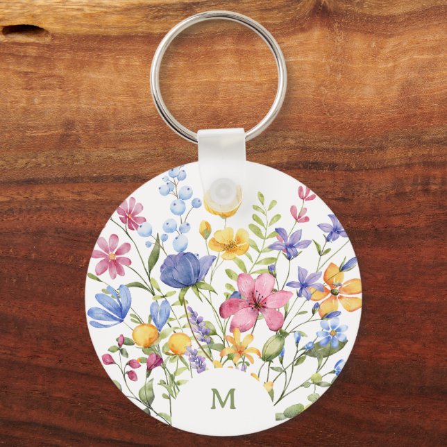 Trendy Colourful Wildflowers with Monogram Keychain (Front)